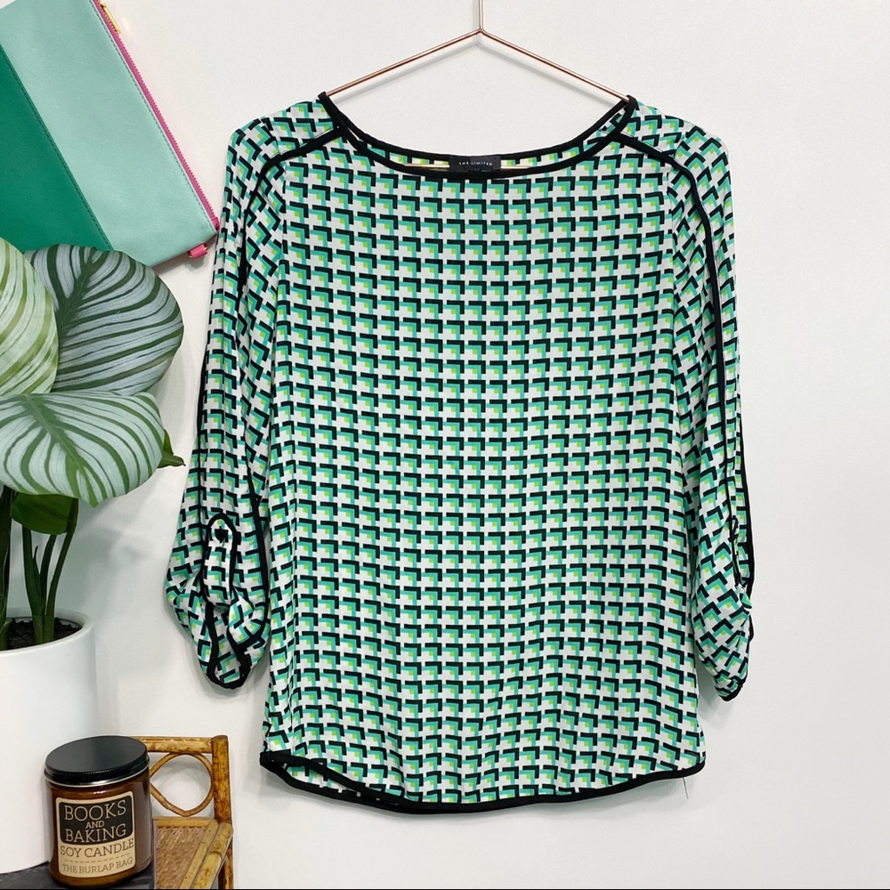 the limited | mod geometric green retro print blouse xs